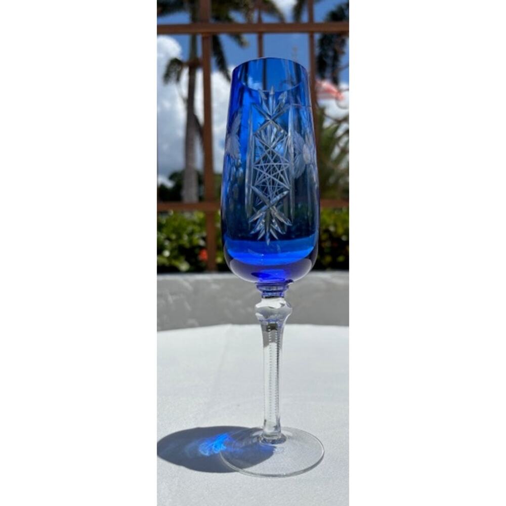 9 Flashed Cut Crystal Bohemian Cobalt Blue Fluted Champagne Glasses 8 5/8” 8oz